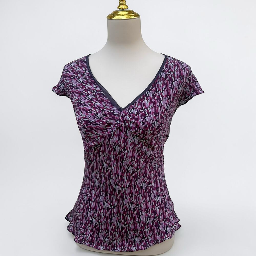 VTG Y2K Style & Co Blouse Sz 16 Purple Pink Abstract Print V-Neck Cap Sleeve Top